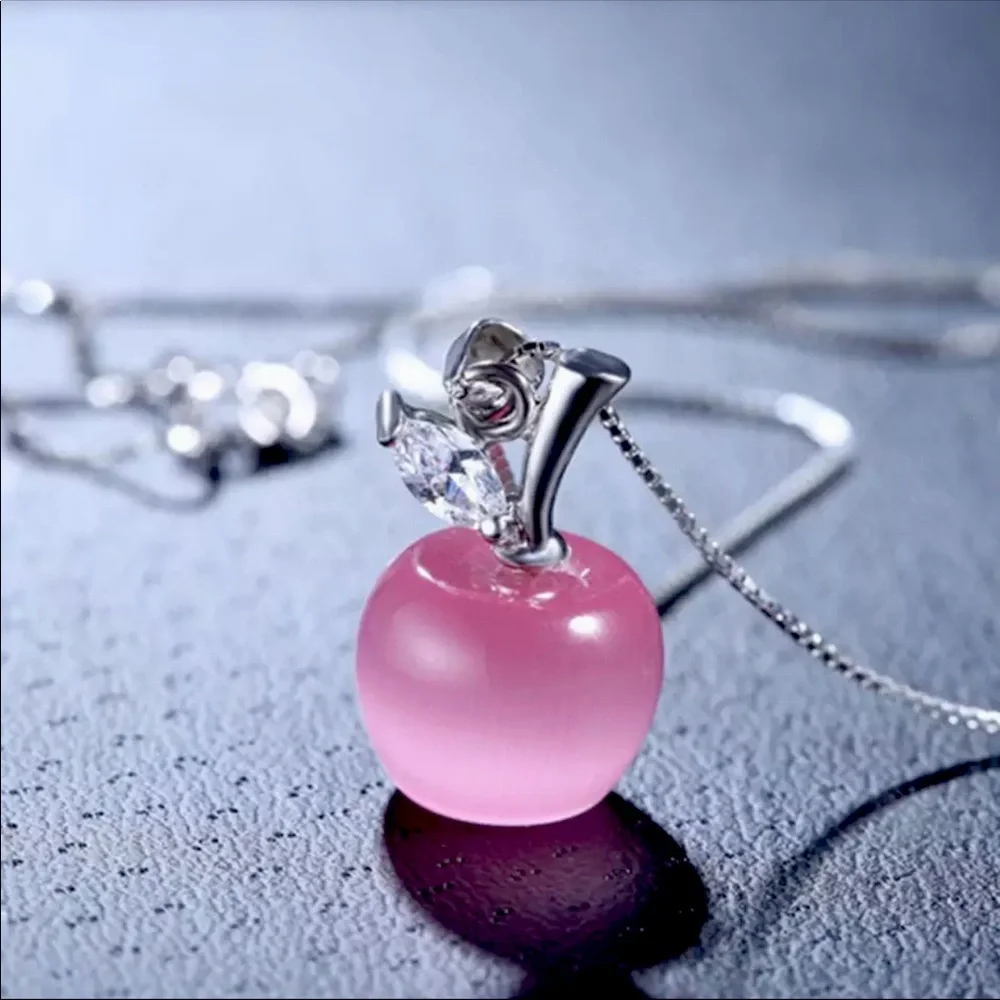 Pink Opal Apple Charm Pendant Necklace